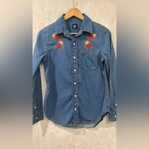 Route 66 Blue Button Down Shirt with Floral Embroidery